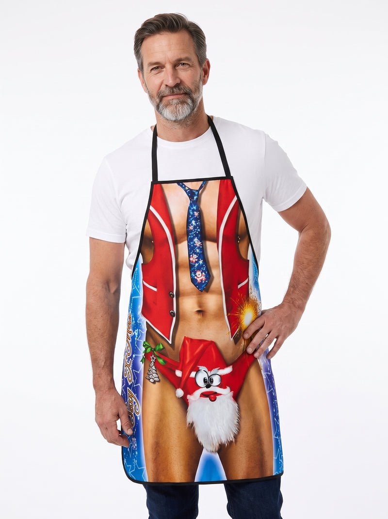 Tablier Drôle de Noël, packshot studio porté par un modèle