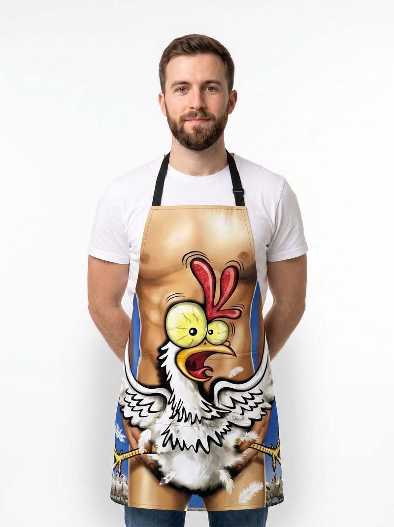 Tablier Humoristique Dinde, packshot studio porté par un modèle