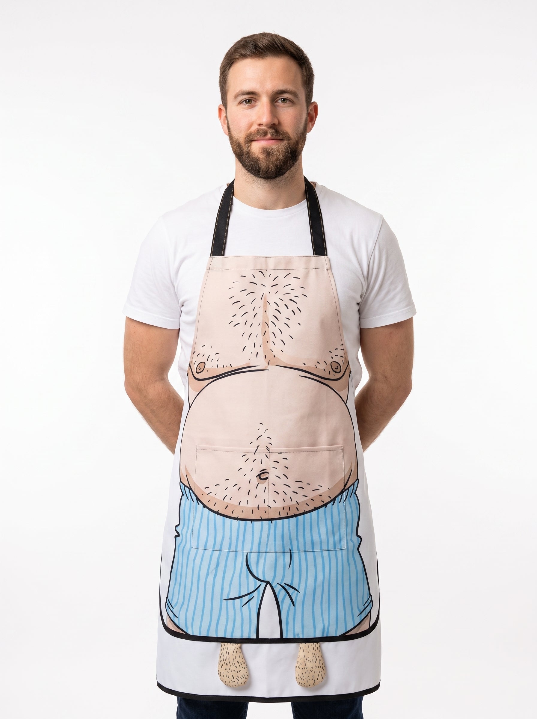 Tablier Drôle à Testicules, packshot studio porté par un modèle