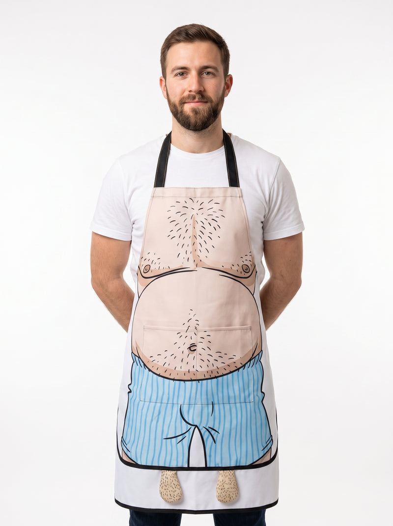 Tablier Drôle à Testicules, packshot studio porté par un modèle