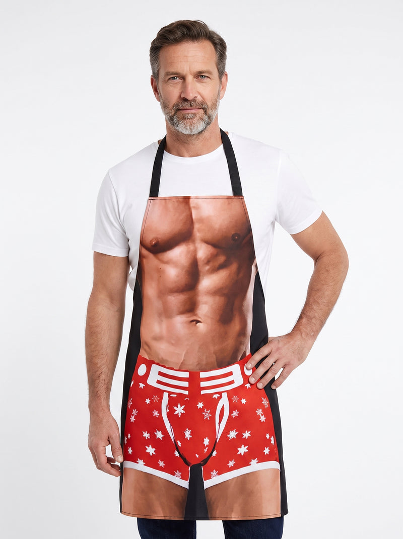 Tablier Drôle Corps Musclé, packshot studio porté par un modèle