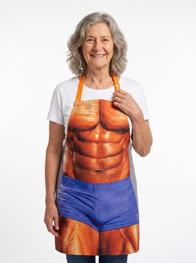 Tablier Muscle, packshot studio porté par un modèle