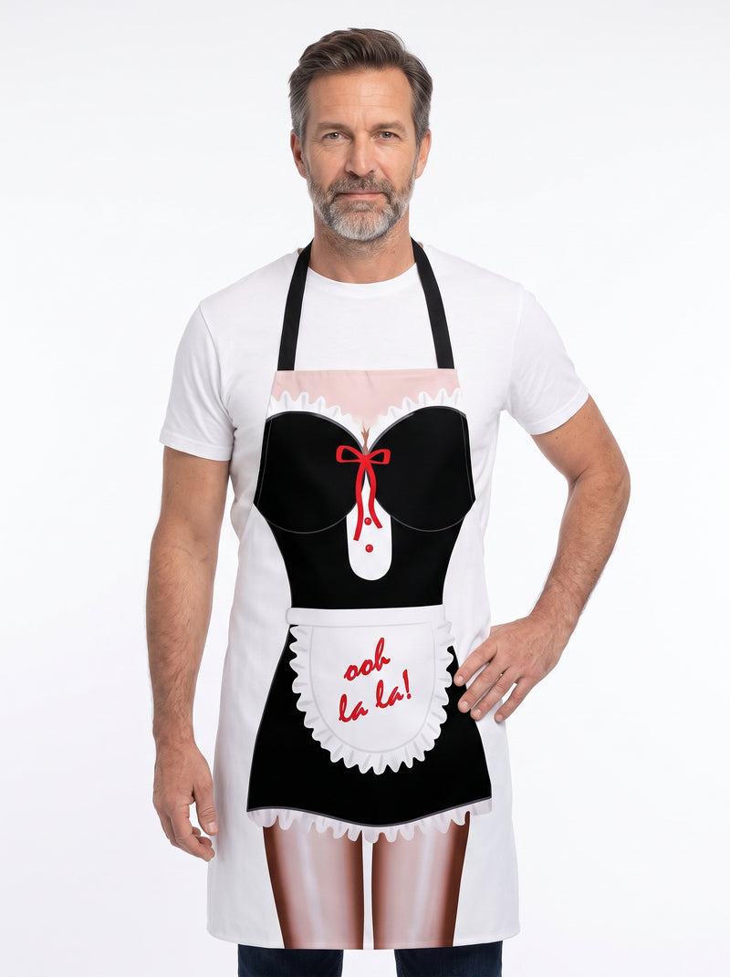 Tablier Drôle de Soubrette, packshot studio porté par un modèle