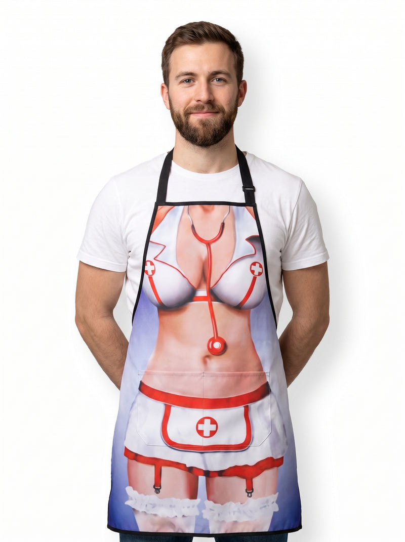 Tablier Drôle Infirmière, packshot studio porté par un modèle