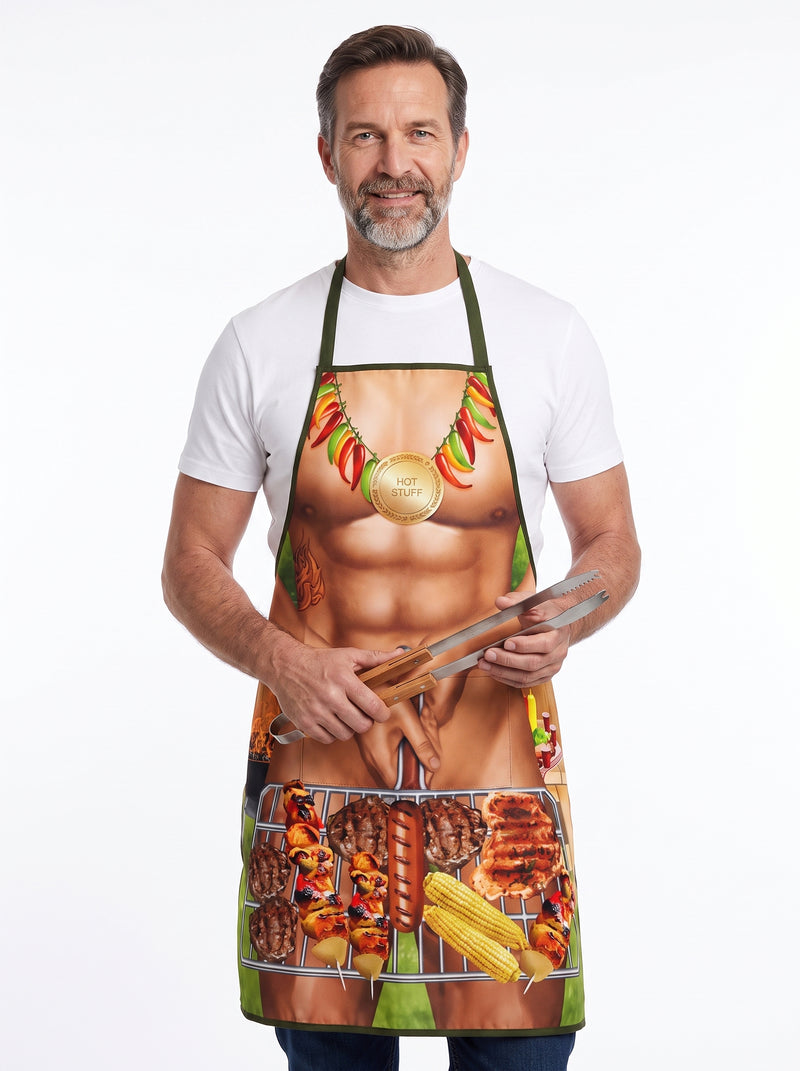 Tablier Drôle Barbecue Rigolo, packshot studio porté par un modèle