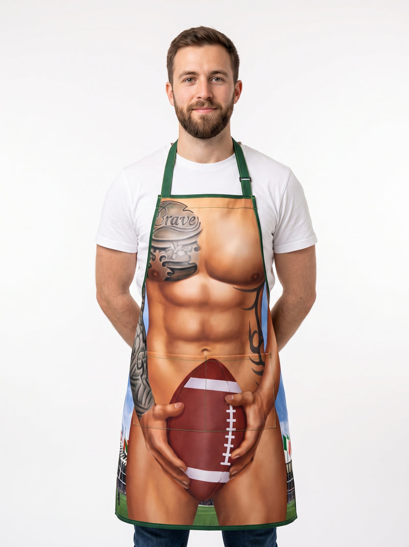 Tablier de Cuisine Coquin, packshot studio porté par un modèle