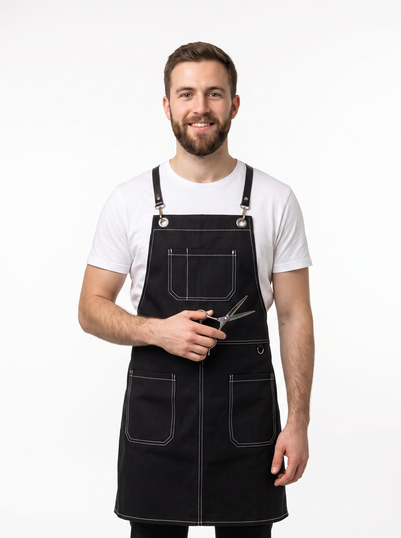 Tablier de Coiffure Professionnel, packshot studio porté par un modèle