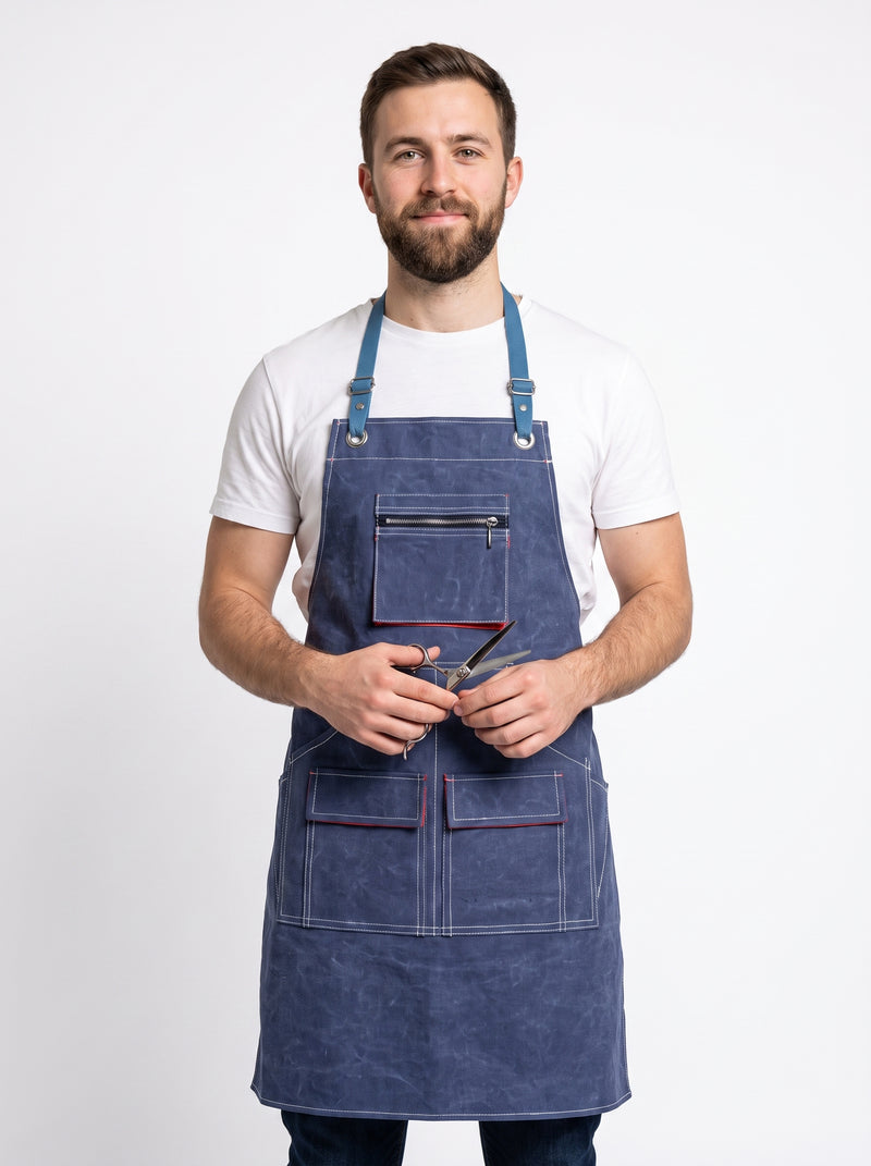 Tablier de Coiffeur, packshot studio porté par un modèle