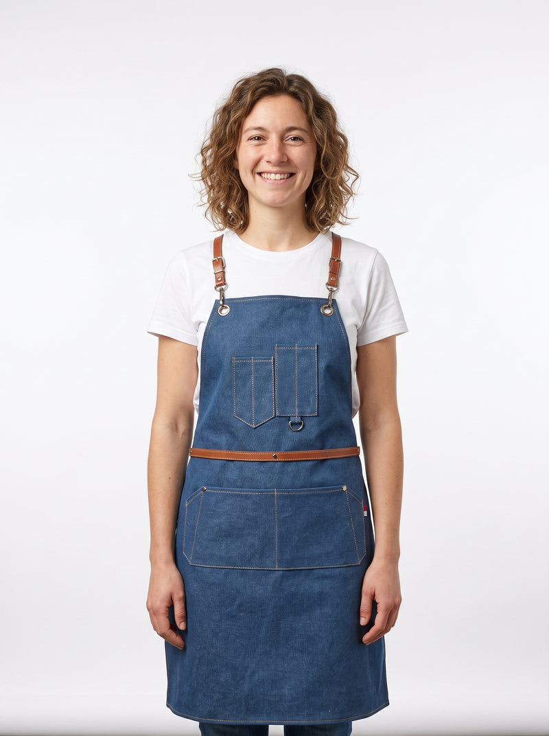 Tablier de Cuisine Ajustable, packshot studio porté par un modèle