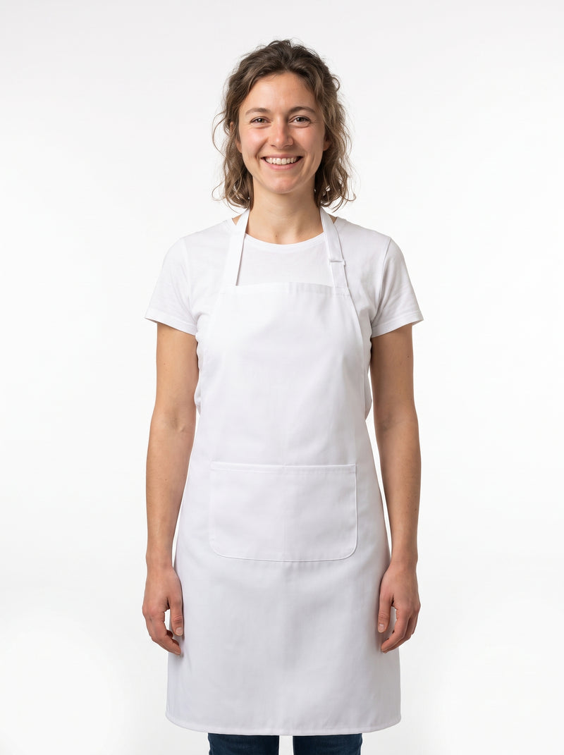 Tablier de Cuisine Blanc, packshot studio porté par un modèle