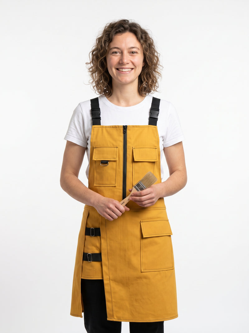 Tablier Artiste Peintre, packshot studio porté par un modèle