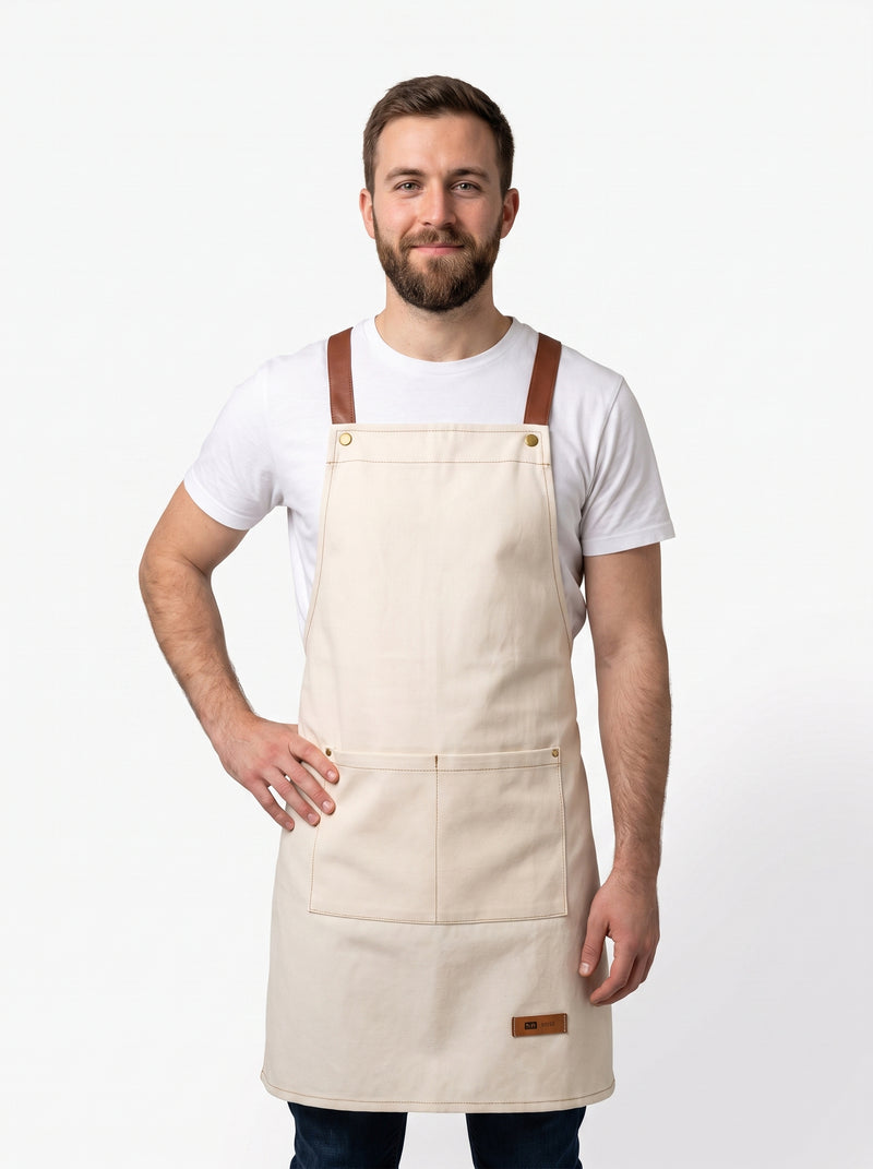 Tablier Beige Homme, packshot studio porté par un modèle