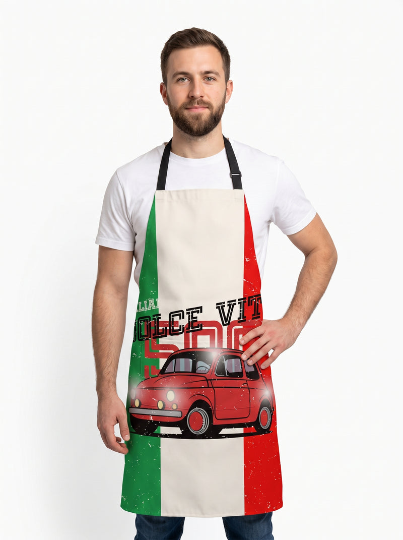 Tablier italien, packshot studio porté par un modèle