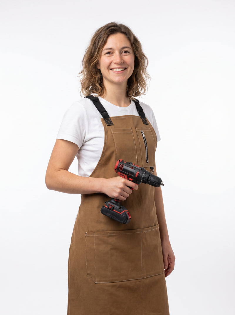 Tablier Bricolage Femme, packshot studio porté par un modèle