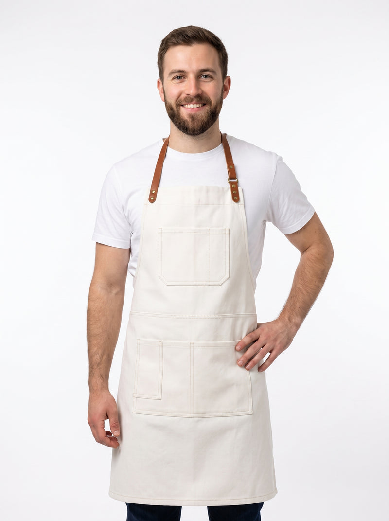 Tablier Bartender, packshot studio porté par un modèle