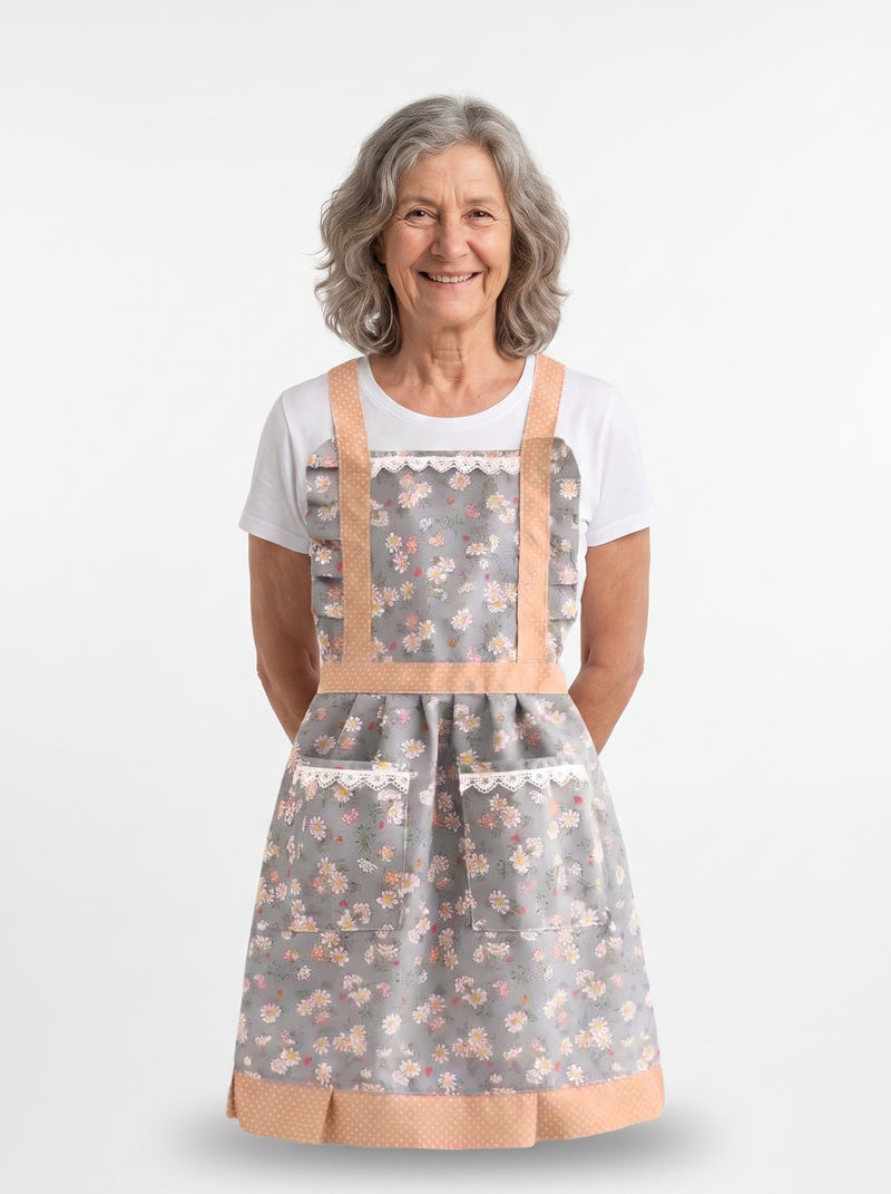 Tablier Robe Grand Mere, packshot studio porté par un modèle