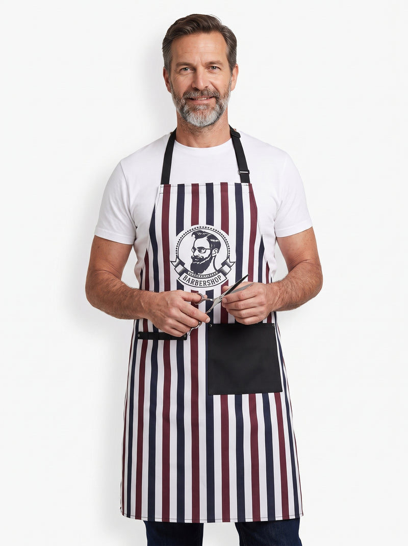 Tablier Barber, packshot studio porté par un modèle