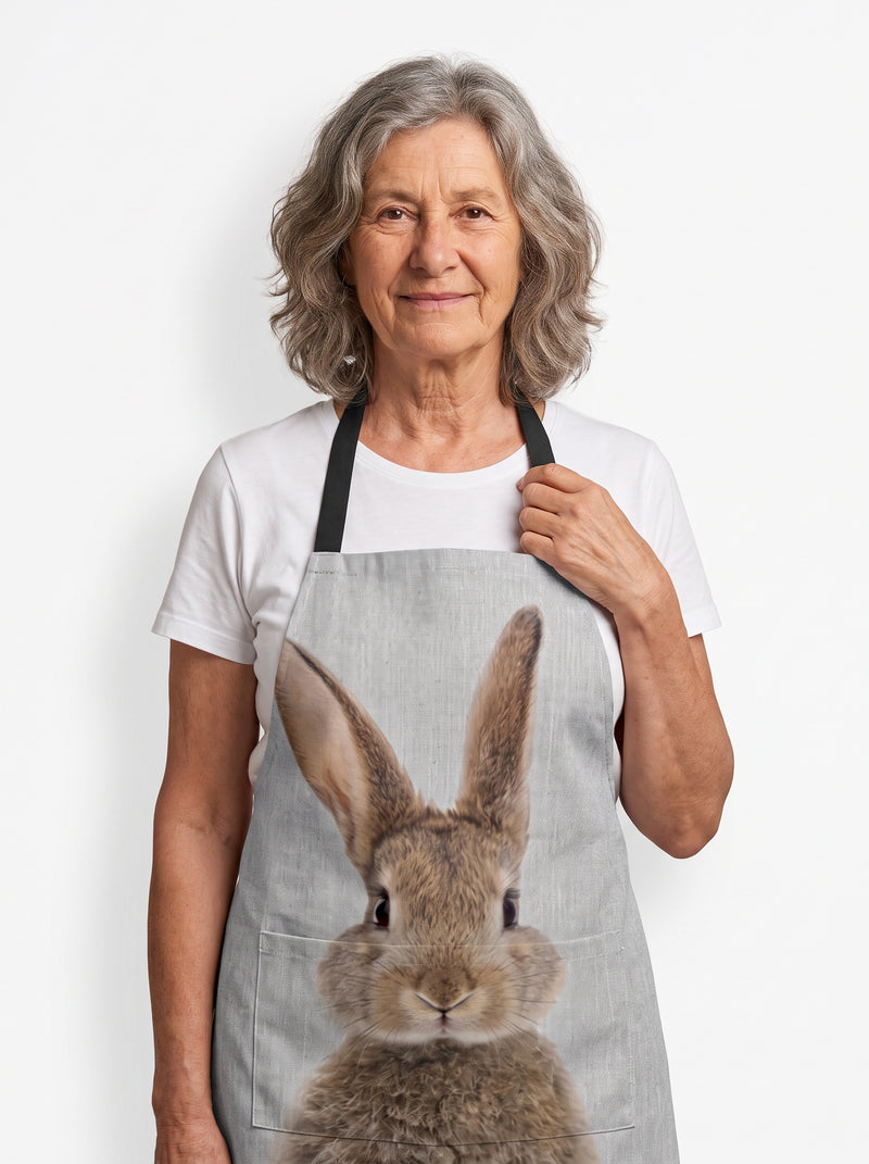 Tablier de Cuisine Lapin, packshot studio porté par un modèle