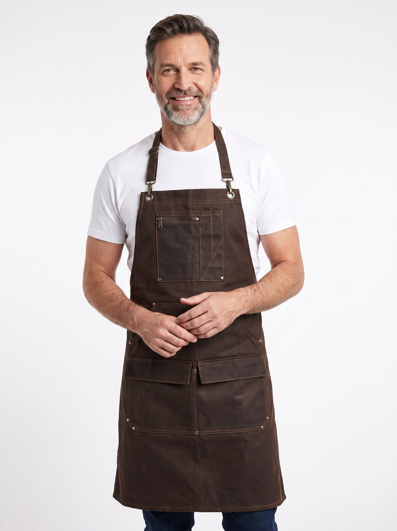 Tablier Maroquinier, packshot studio porté par un modèle
