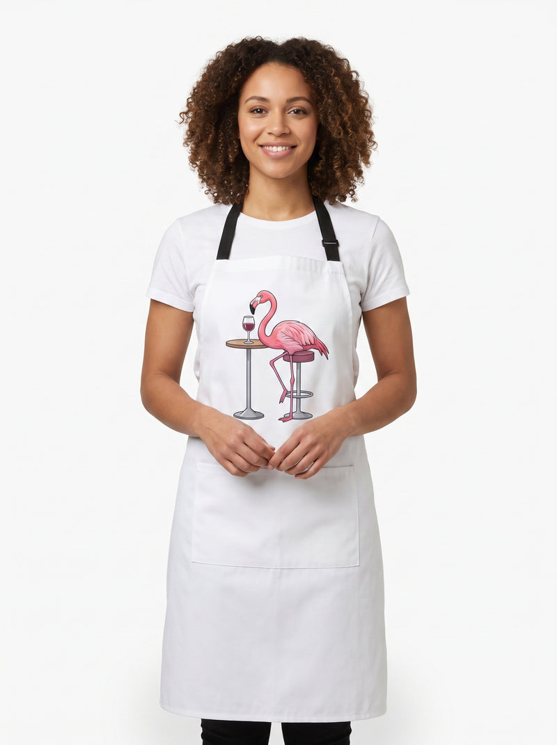 Tablier Flamant Rose, packshot studio porté par un modèle