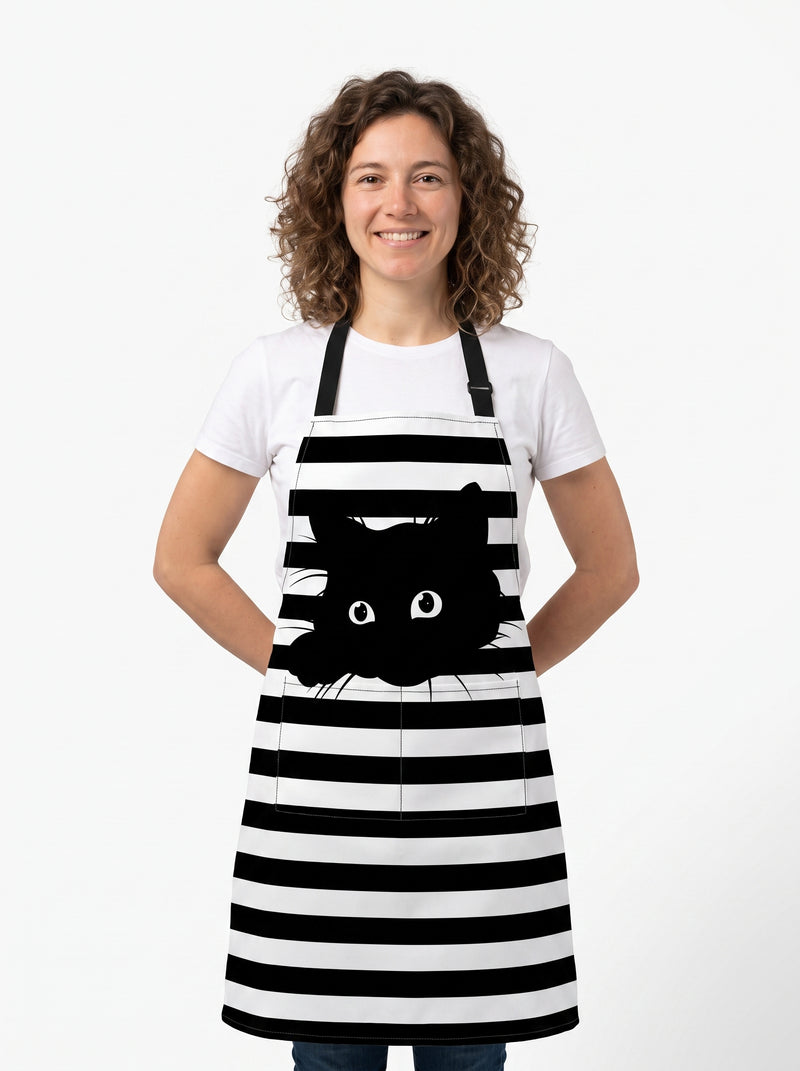 Tablier Chat, packshot studio porté par un modèle