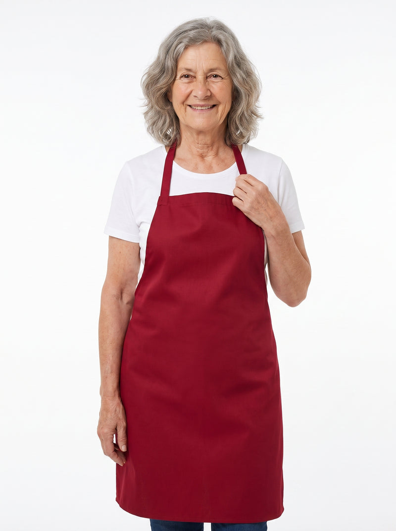 Tablier de Cuisine Bordeaux, packshot studio porté par un modèle