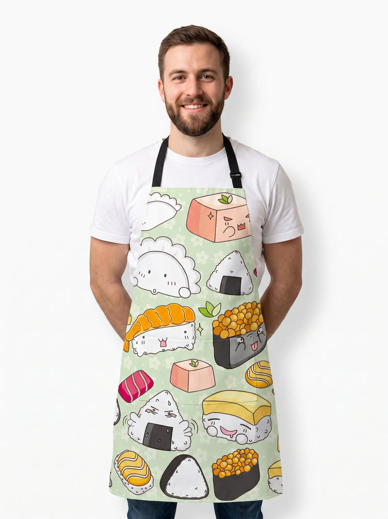 Tablier Sushi, packshot studio porté par un modèle