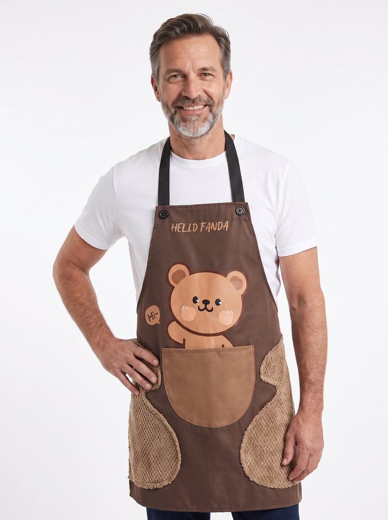 Tablier Panda, packshot studio porté par un modèle