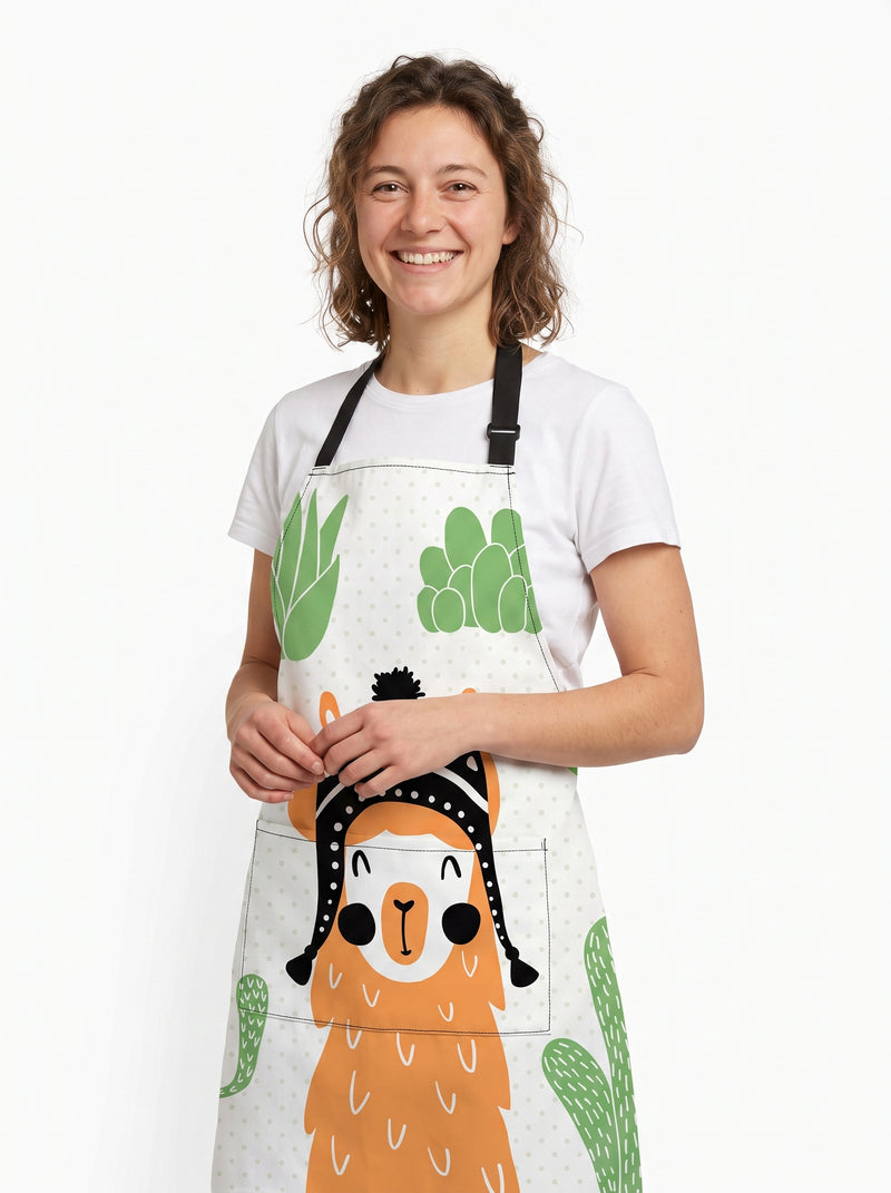 Tablier Lama, packshot studio porté par un modèle
