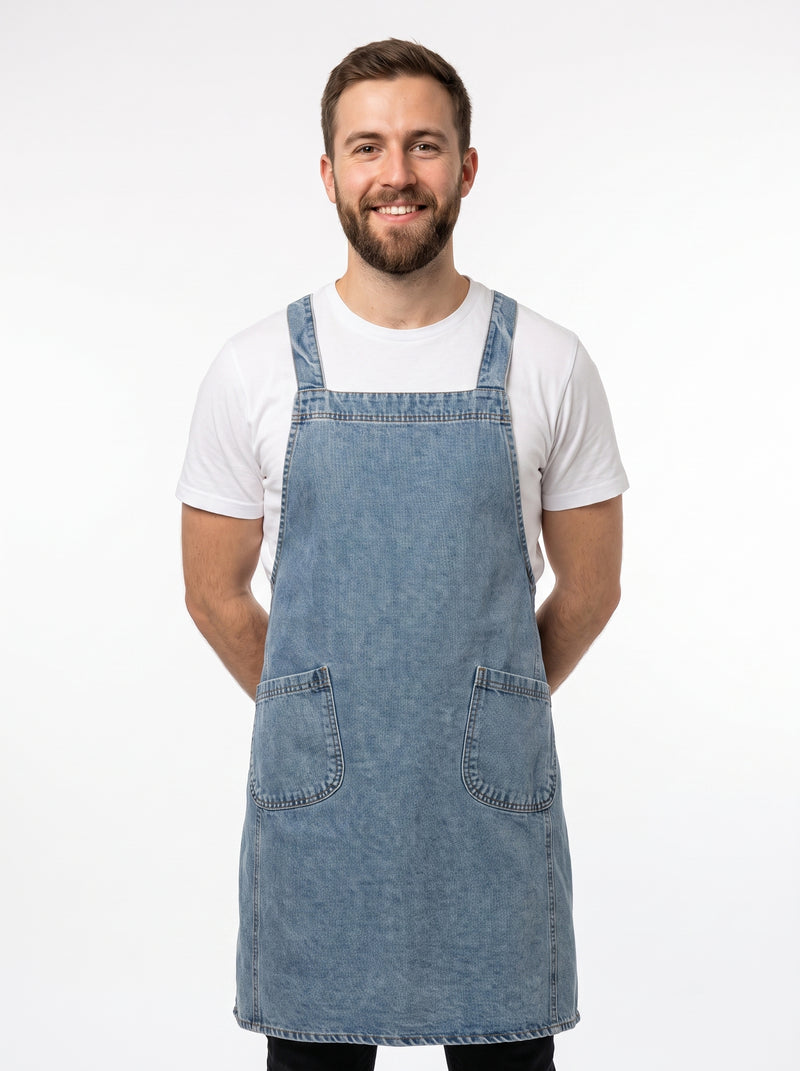 Tablier Salopette, packshot studio porté par un modèle