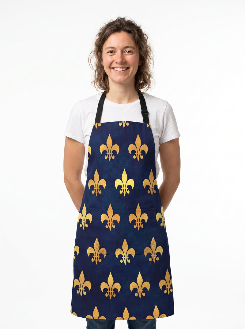 Tablier Fleur de Lys, packshot studio porté par un modèle