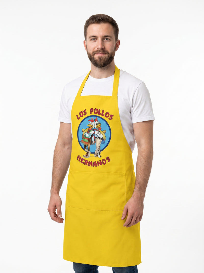 Tablier Los Pollos Hermanos (Breaking Bad), packshot studio porté par un modèle