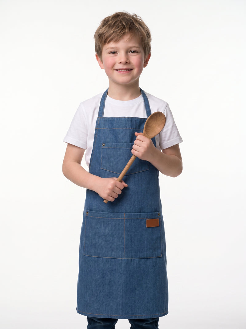 Tablier Enfant Jean, packshot studio porté par un modèle