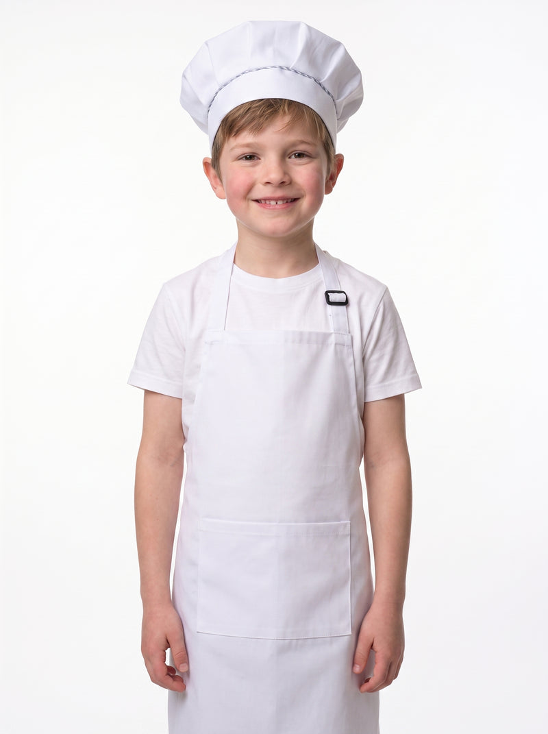 Tablier Enfant et Toque, packshot studio porté par un modèle