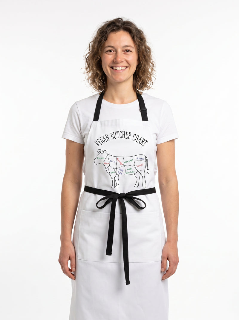 Tablier Vegan, packshot studio porté par un modèle