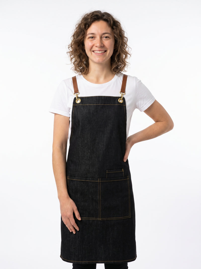 Tablier Hotellerie, packshot studio porté par un modèle