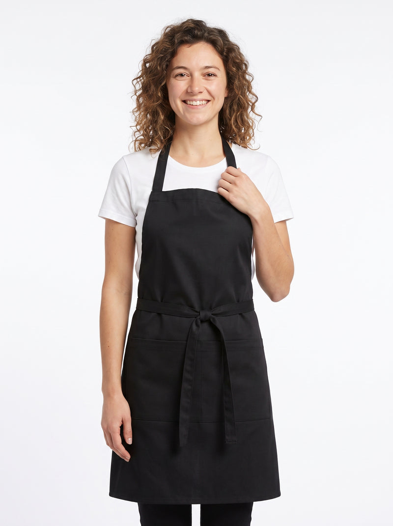 Tablier Bistro, packshot studio porté par un modèle