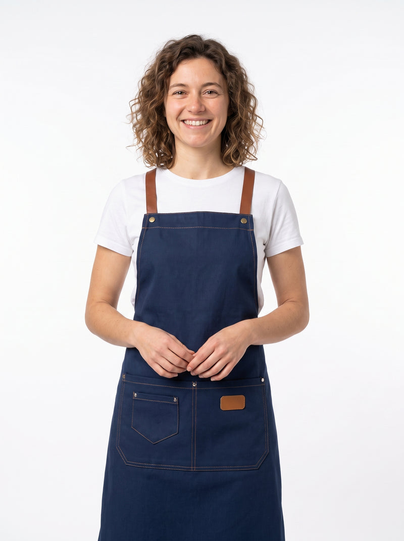 Tablier de Cuisine Personnalisé Bleu Marine, packshot studio porté par un modèle