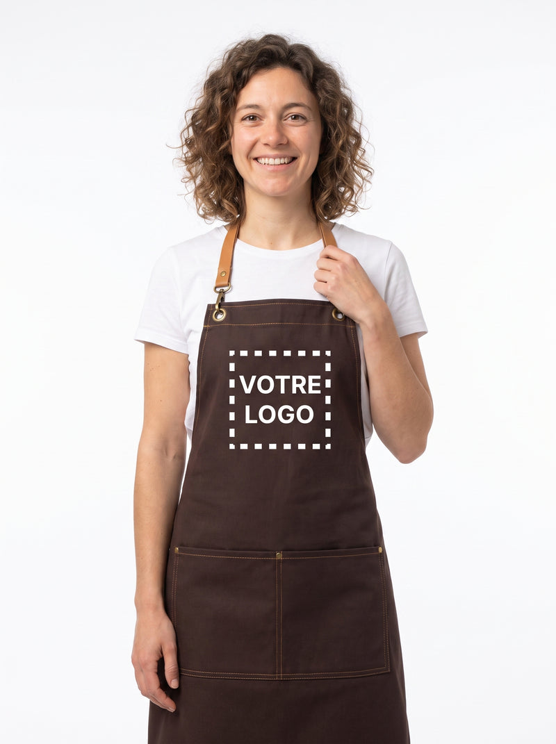 Tablier de Cuisine Personnalisé Marron Foncé, packshot studio porté par un modèle