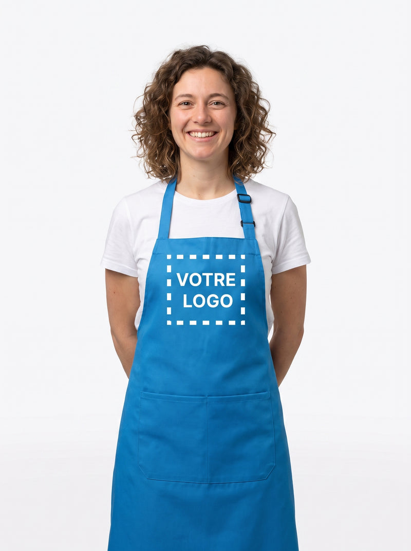 Tablier Prothésiste Ongulaire Personnalisé Bleu Ciel, packshot studio porté par un modèle
