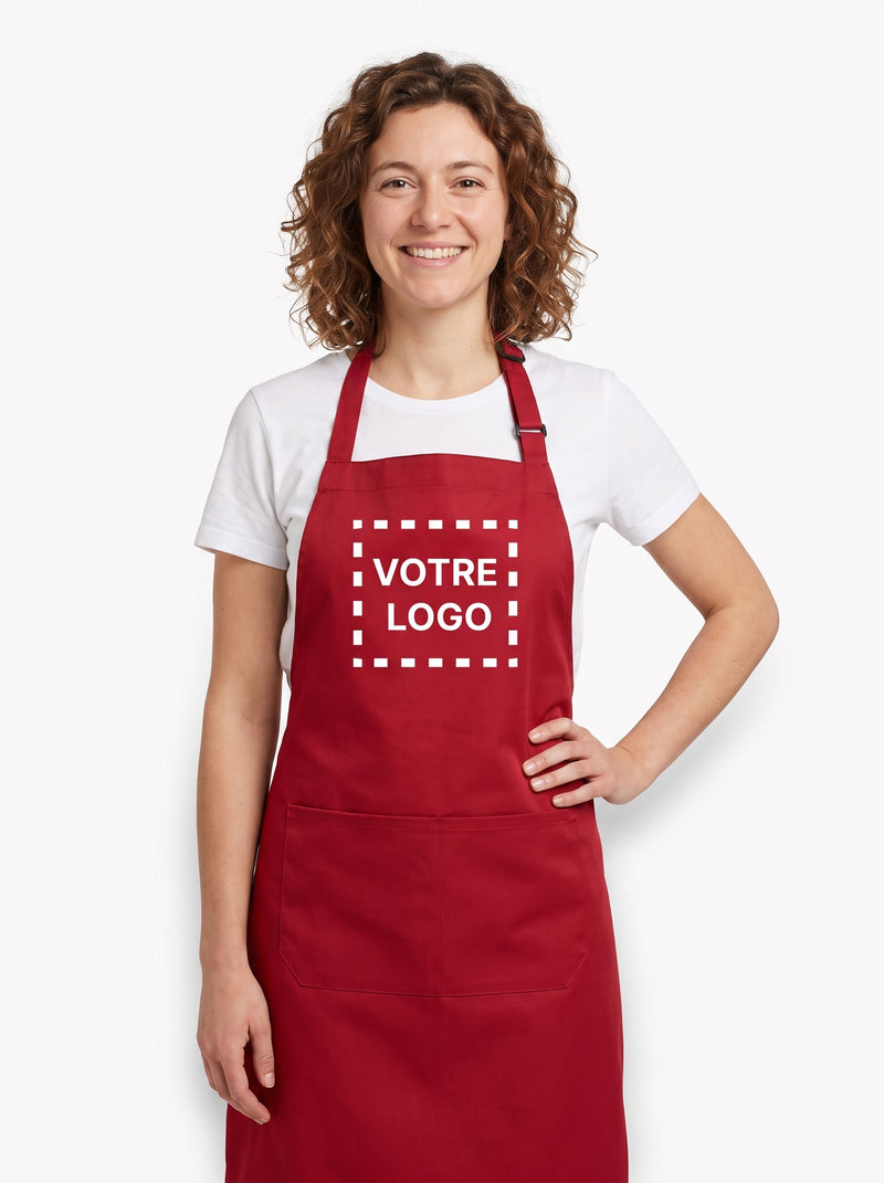 Tablier Prothésiste Ongulaire Personnalisé Bourgogne, packshot studio porté par un modèle