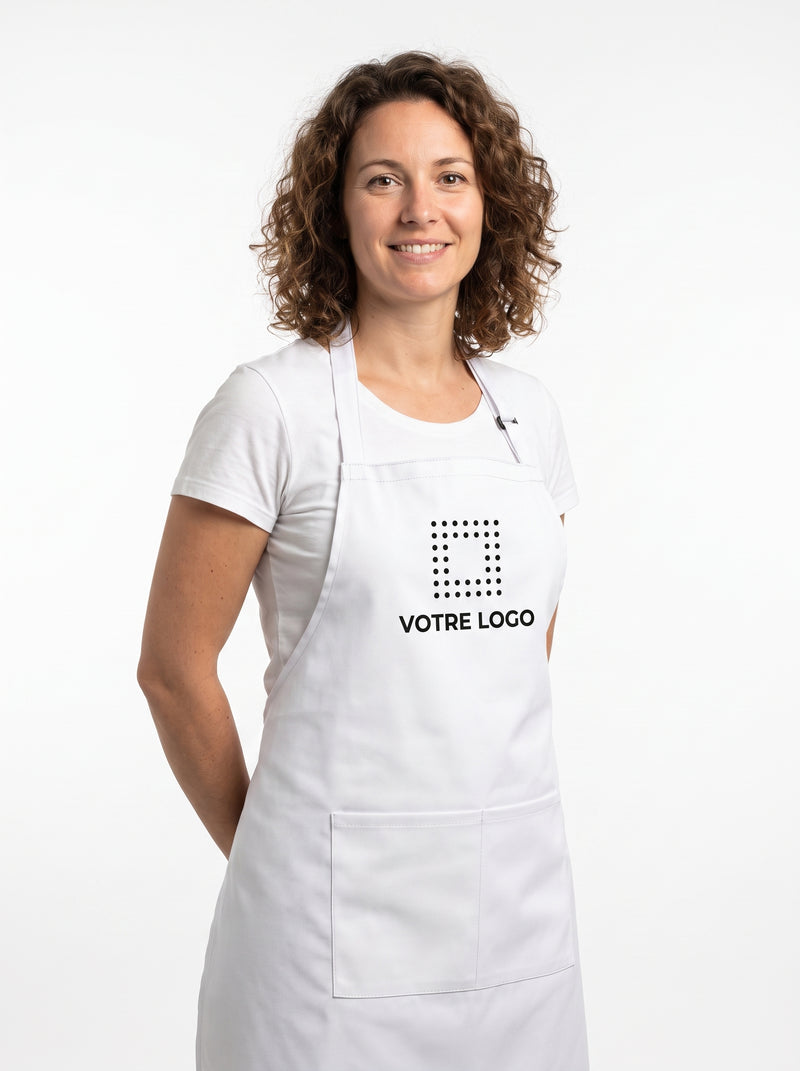 Tablier Prothésiste Ongulaire Personnalisé Blanc, packshot studio porté par un modèle