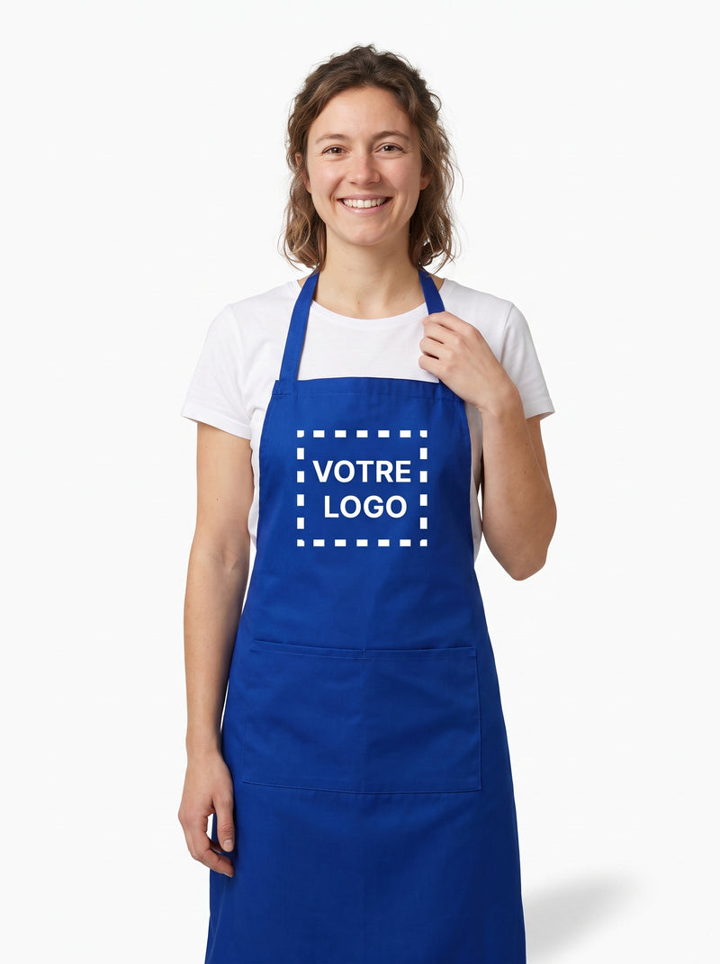 Tablier Prothésiste Ongulaire Personnalisé Bleu Foncé, packshot studio porté par un modèle