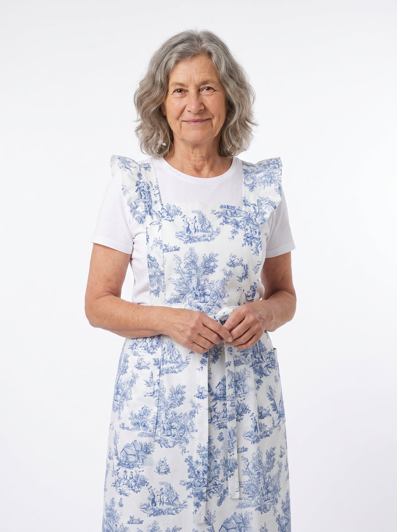 Tablier Blouse de Grand-Mère à Volants, packshot studio porté par un modèle