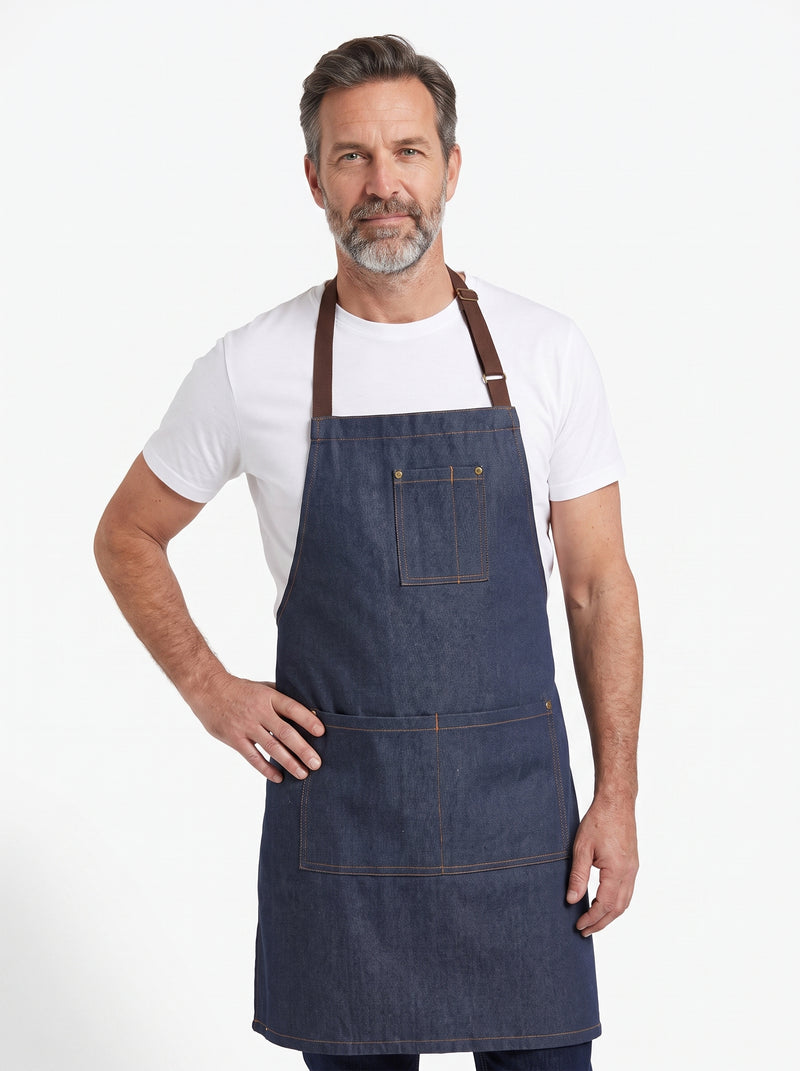 Tablier de Cuisine en Denim Chic, packshot studio porté par un modèle