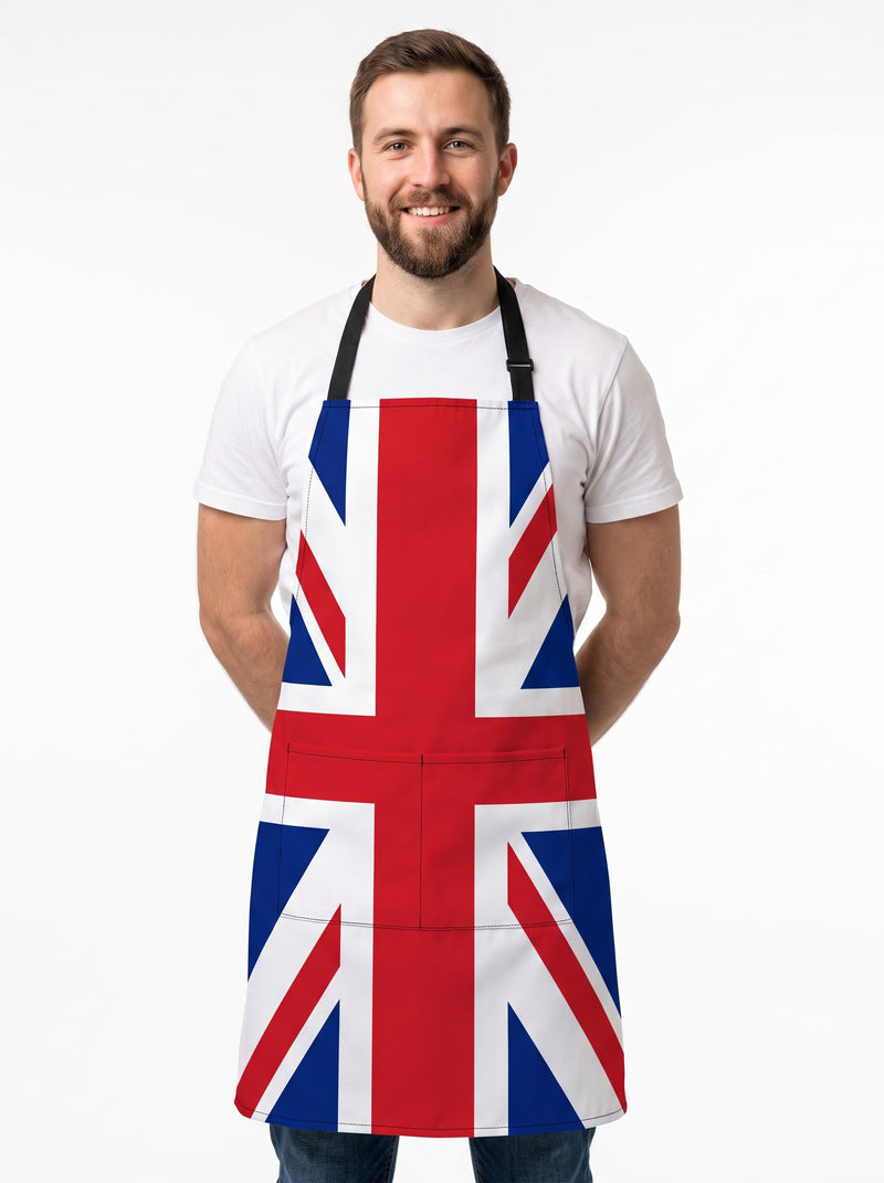 Tablier Drapeau Anglais, packshot studio porté par un modèle