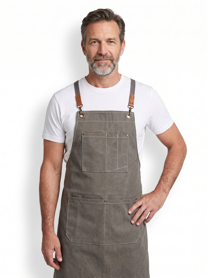 Tablier de Travail en Canvas Denim, packshot studio porté par un modèle