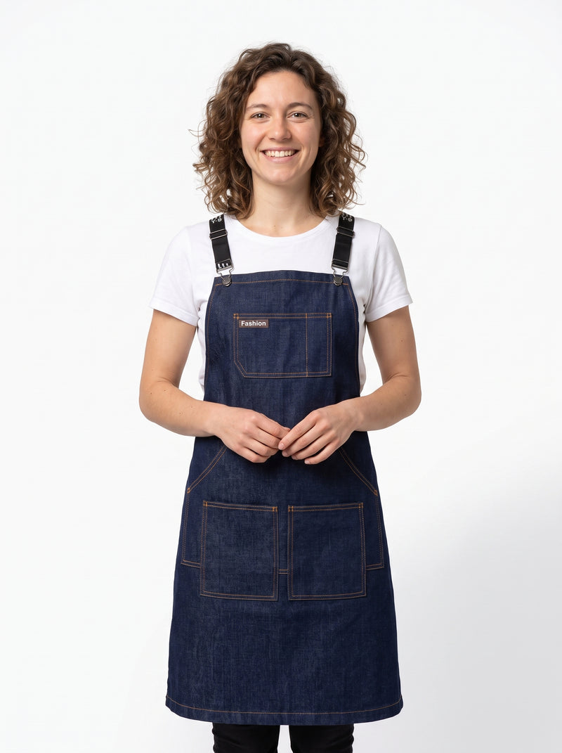 Tablier en Denim style Jeans, packshot studio porté par un modèle