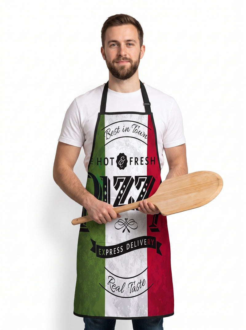 Tablier Pizza Drapeau Italien, packshot studio porté par un modèle