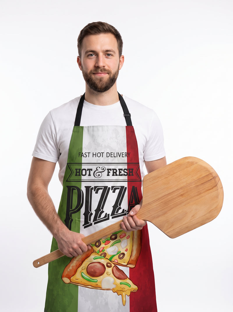 Tablier Italien Pizza et Drapeau, packshot studio porté par un modèle
